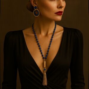 Rosantica Handcrafted Blue Bead Lariat Necklace Gold Tassel Statement Italy